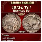 1913-d Ty I Buffalo Nickel 5c ms66+ SEGS