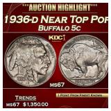 1936-d Buffalo Nickel Near Top Pop 5c ms67 SEGS