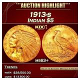 1913-s Gold Indian Half Eagle $5 ms63+ USCG
