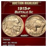 1915-p Buffalo Nickel 5c ms66+ SEGS