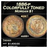 1886-p Morgan Dollar Colorfully Toned $1 ms66+ SEG