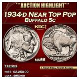 1934-d Buffalo Nickel Near Top Pop 5c ms66 SEGS