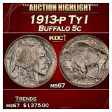 1913-p Ty I Buffalo Nickel 5c ms67 SEGS