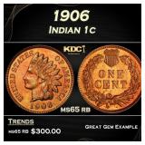 1906 Indian Cent . 1c Grades ms65 rb