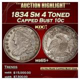 1834 Sm 4 Capped Bust Dime Toned 10c ms65+ SEGS