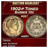 1902-p Barber Dime Toned 10c ms65+ SEGS