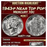 1943-p Mercury Dime Near Top Pop! 10c ms67+ fsb SE
