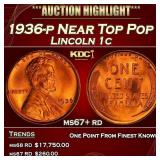 1936-p Lincoln Cent Near Top Pop 1c ms67+ rd SEGS