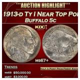 1913-d Ty I Buffalo Nickel Near Top Pop 5c ms67+ S