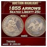 1855 arrows Seated Liberty Quarter 25c ms63 USCG