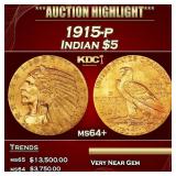 1915-p Gold Indian Half Eagle $5 ms64+ USCG