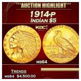 1914-p Gold Indian Half Eagle $5 ms64 USCG