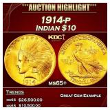 1914-p Gold Indian Eagle $10 ms65+ SEGS