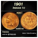 1901 Indian Cent . 1c Grades ms65 rd