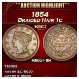 1854 Braided Hair Large Cent 1c ms65+ bn SEGS