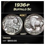 1936-p Buffalo Nickel 5c ms67 SEGS