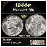 1944-p Mercury Dime 10c ms67 fsb SEGS
