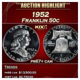 1952 Proof Franklin Half Dollar 50c pr67+ cam SEGS