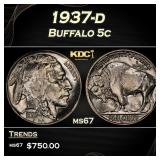 1937-d Buffalo Nickel 5c ms67 SEGS