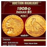 1908-d Gold Indian Half Eagle $5 ms64+ USCG
