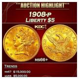1908-p Gold Liberty Half Eagle $5 ms66+ SEGS