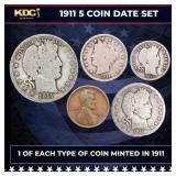1911 5 Coin Date Set, 1 Of Each Type Of Coin Minte