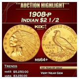1908-p Gold Indian Quarter Eagle $2 1/2 ms64+ SEGS