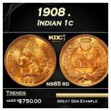 1908 Indian Cent . 1c Grades ms65 rd