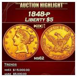 1848-p Gold Liberty Half Eagle $5 ms62 USCG