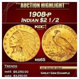 1908-p Gold Indian Quarter Eagle $2 1/2 ms65 SEGS
