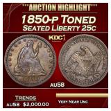 1850-p Seated Liberty Quarter Toned 25c au58 SEGS