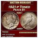 1921-p Peace Dollar Toned $1 ms65+ SEGS