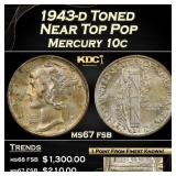1943-d Mercury Dime Toned Near Top Pop 10c ms67 fs