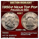 1950-p Franklin Half Dollar Near Top Pop 50c ms66+