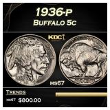 1936-p Buffalo Nickel 5c ms67 SEGS