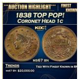 1838 Coronet Head Large Cent TOP POP! 1c ms67 bn S