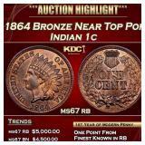 1864 Bronze Indian Cent Near Top Pop 1c ms67 rb SE