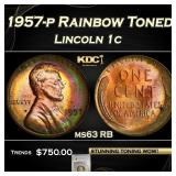 PCGS 1957-p Lincoln Cent Rainbow Toned 1c ms63 RB