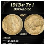 1913-p Ty I Buffalo Nickel 5c ms66+ SEGS