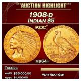 1908-d Gold Indian Half Eagle $5 ms64+ USCG