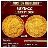 1876-cc Gold Liberty Double Eagle $20 ms62 USCG