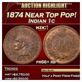 1874 Proof Indian Cent Near Top Pop! 1c pr66+ rb S