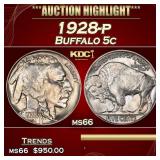 1928-p Buffalo Nickel 5c Grades ms66
