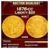 1876-cc Gold Liberty Double Eagle $20 ms62 USCG