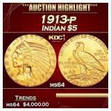 1913-p Gold Indian Half Eagle $5 ms64 USCG
