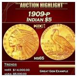 1909-p Gold Indian Half Eagle $5 ms65 USCG