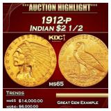 1912-p Gold Indian Quarter Eagle $2 1/2 ms65 SEGS