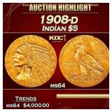 1908-d Gold Indian Half Eagle $5 ms64 USCG