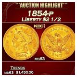 1854-p Gold Liberty Quarter Eagle $2 1/2 ms63 USCG