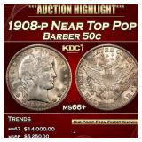 1908-p Barber Half Dollars Near Top Pop 50c ms66+